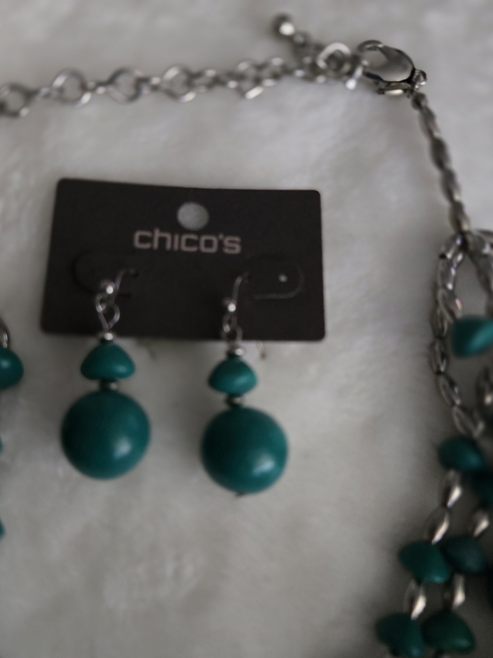 Chico's Teal Multi-Strand Beaded Necklace with Matching Drop Earrings - Picture 7 of 7